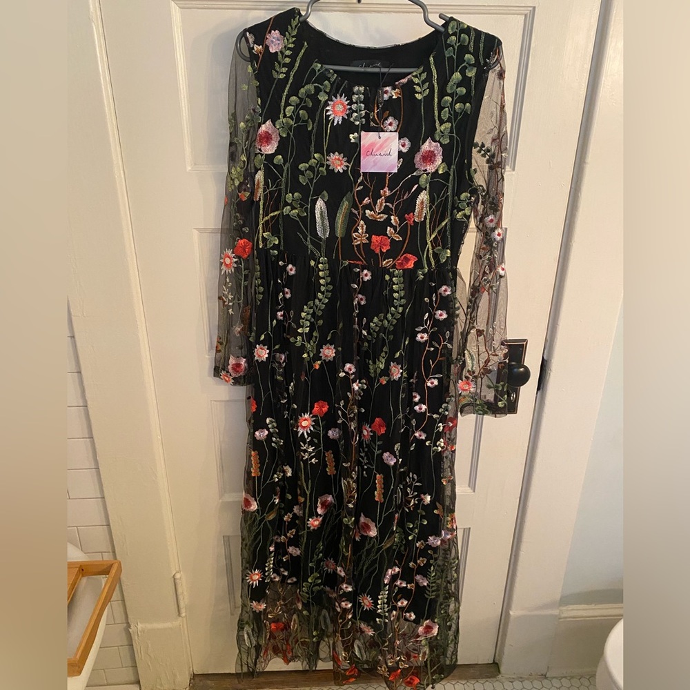 Floral embroidered mesh midi dress